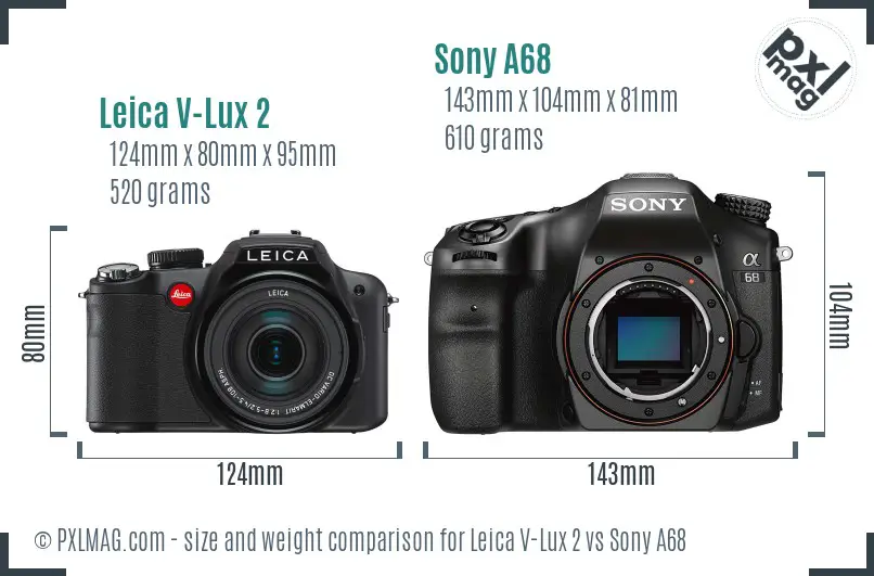 Leica V-Lux 2 vs Sony A68 size comparison