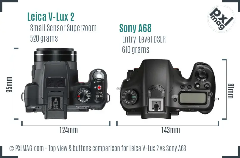 Leica V-Lux 2 vs Sony A68 top view buttons comparison