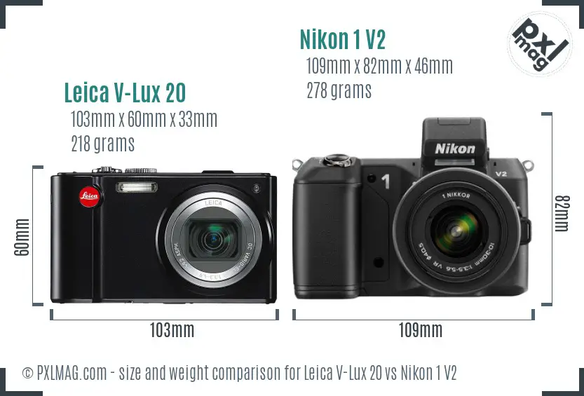 Leica V-Lux 20 vs Nikon 1 V2 size comparison