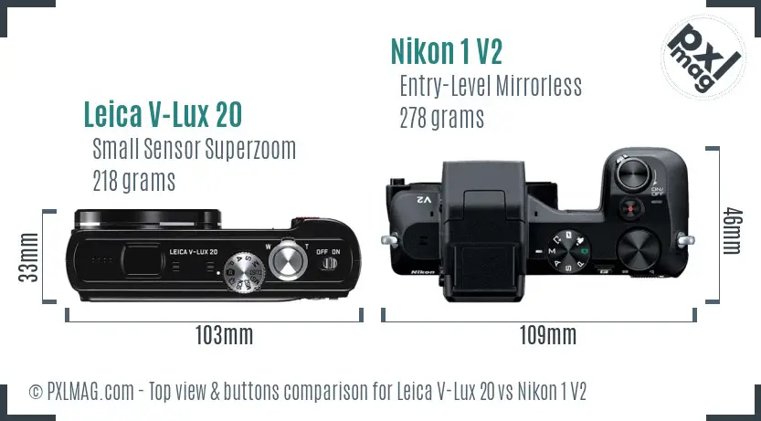 Leica V-Lux 20 vs Nikon 1 V2 top view buttons comparison