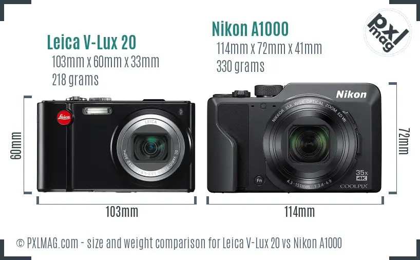 Leica V-Lux 20 vs Nikon A1000 size comparison