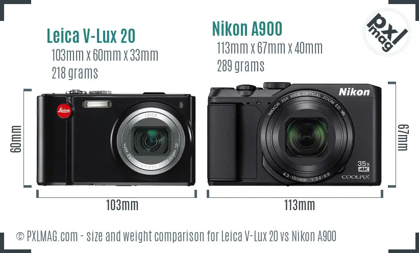 Leica V-Lux 20 vs Nikon A900 size comparison