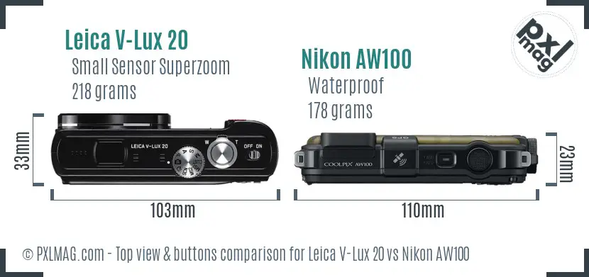 Leica V-Lux 20 vs Nikon AW100 top view buttons comparison