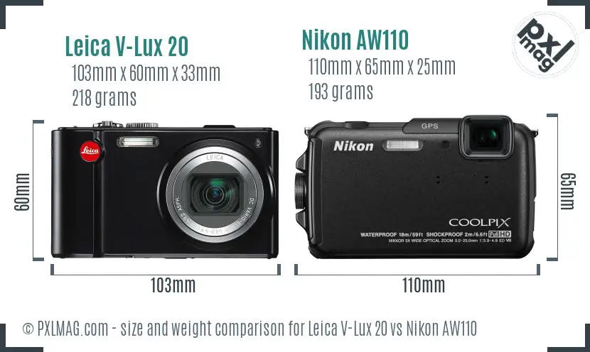 Leica V-Lux 20 vs Nikon AW110 size comparison Leica V-Lux 20 vs Nikon AW110 size comparison