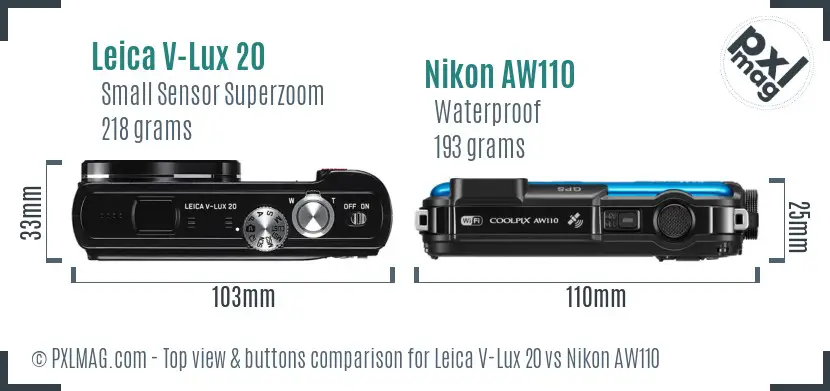 Leica V-Lux 20 vs Nikon AW110 top view buttons comparison Leica V-Lux 20 vs Nikon AW110 top view buttons comparison