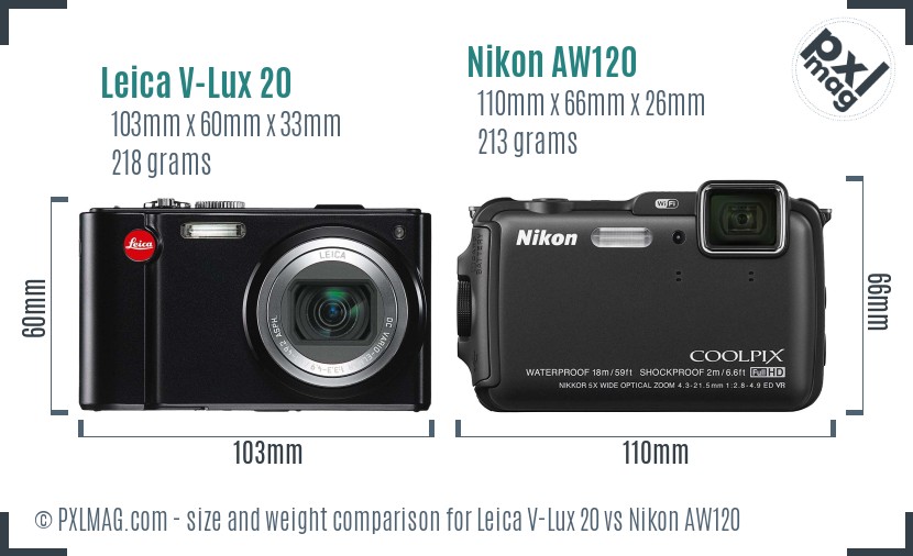 Leica V-Lux 20 vs Nikon AW120 size comparison