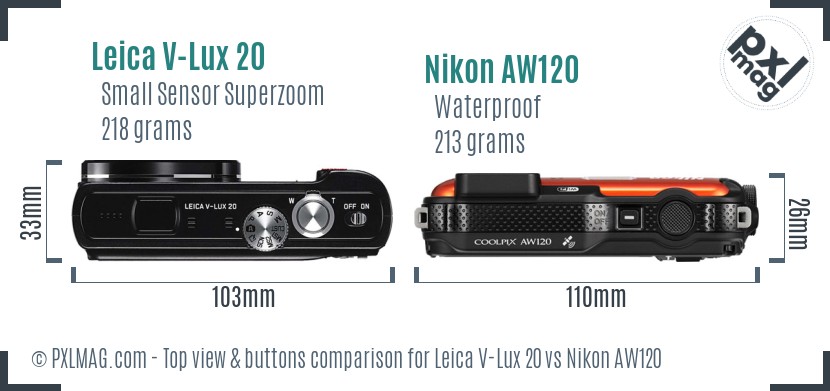 Leica V-Lux 20 vs Nikon AW120 top view buttons comparison