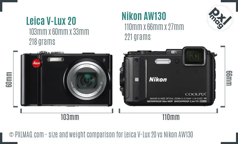 Leica V-Lux 20 vs Nikon AW130 size comparison