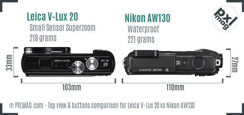 Leica V-Lux 20 vs Nikon AW130 top view buttons comparison