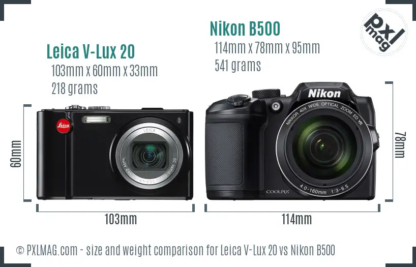 Leica V-Lux 20 vs Nikon B500 size comparison
