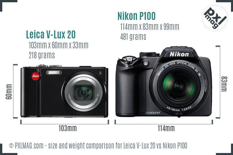 Leica V-Lux 20 vs Nikon P100 size comparison