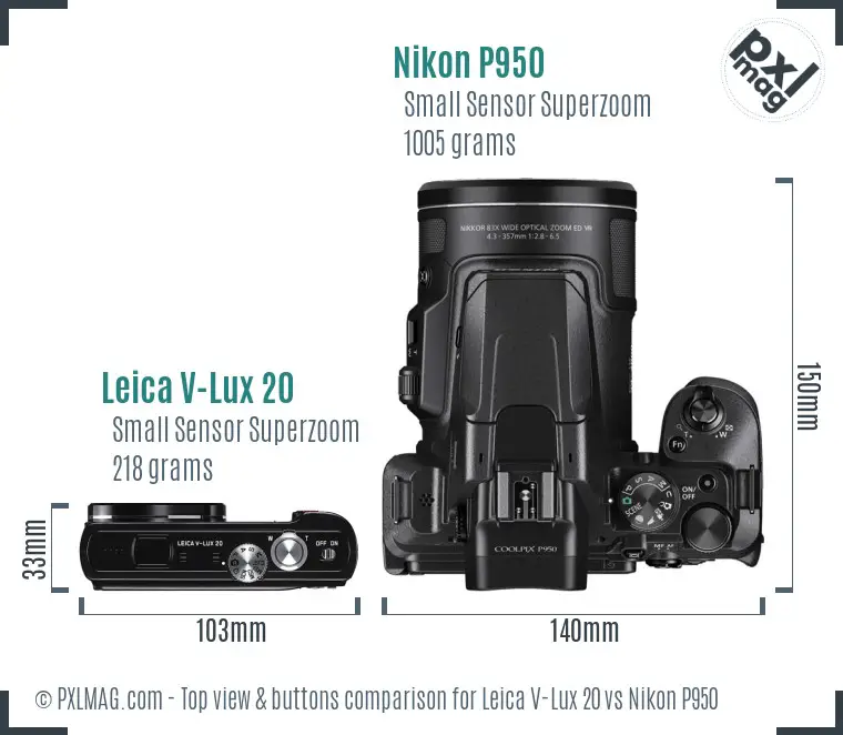 Leica V-Lux 20 vs Nikon P950 top view buttons comparison