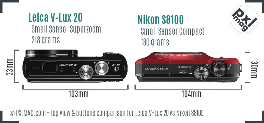 Leica V-Lux 20 vs Nikon S8100 top view buttons comparison