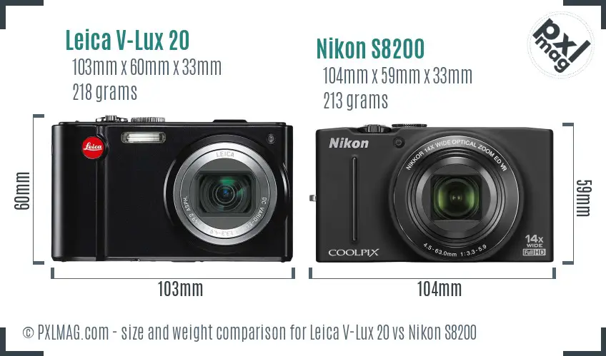 Leica V-Lux 20 vs Nikon S8200 size comparison
