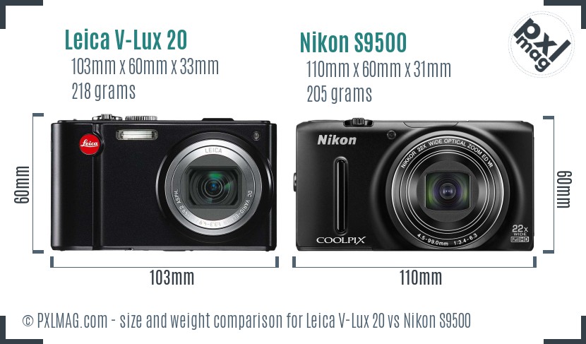 Leica V-Lux 20 vs Nikon S9500 size comparison
