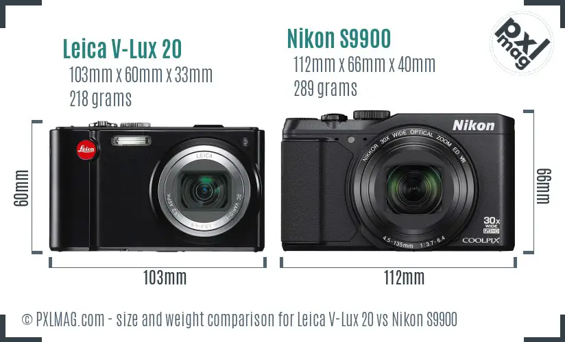 Leica V-Lux 20 vs Nikon S9900 size comparison