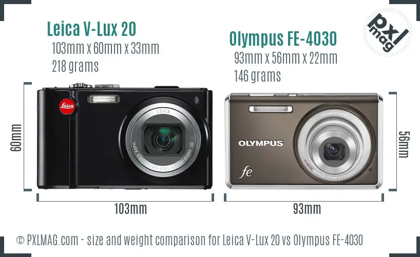 Leica V-Lux 20 vs Olympus FE-4030 size comparison Leica V-Lux 20 vs Olympus FE-4030 size comparison