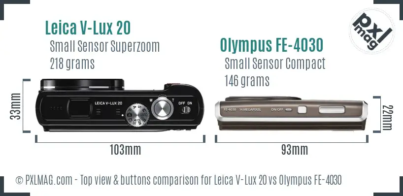 Leica V-Lux 20 vs Olympus FE-4030 top view buttons comparison Leica V-Lux 20 vs Olympus FE-4030 top view buttons comparison