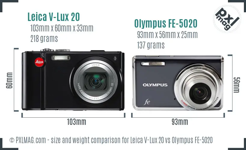 Leica V-Lux 20 vs Olympus FE-5020 size comparison