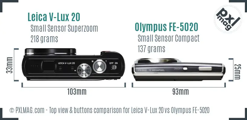 Leica V-Lux 20 vs Olympus FE-5020 top view buttons comparison