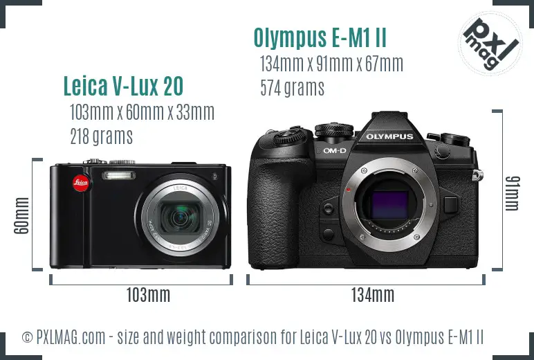 Leica V-Lux 20 vs Olympus E-M1 II size comparison