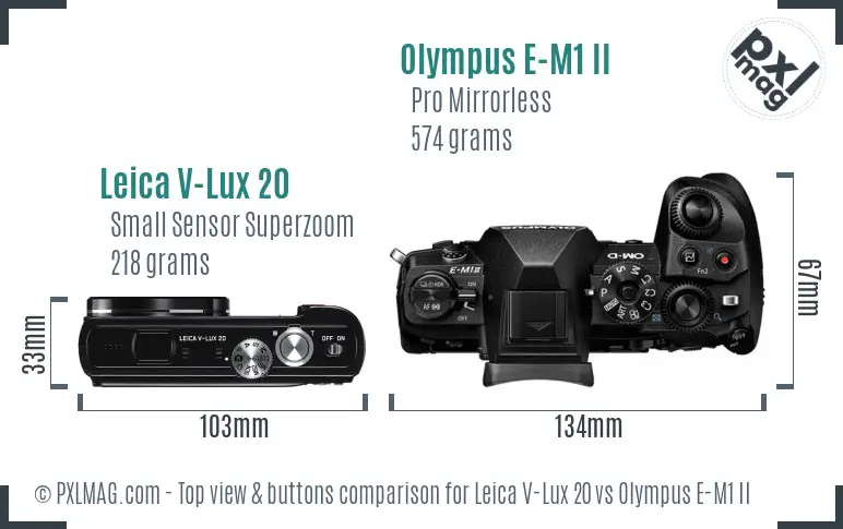 Leica V-Lux 20 vs Olympus E-M1 II top view buttons comparison