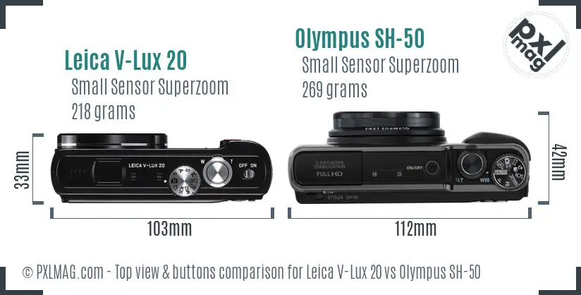 Leica V-Lux 20 vs Olympus SH-50 top view buttons comparison Leica V-Lux 20 vs Olympus SH-50 top view buttons comparison