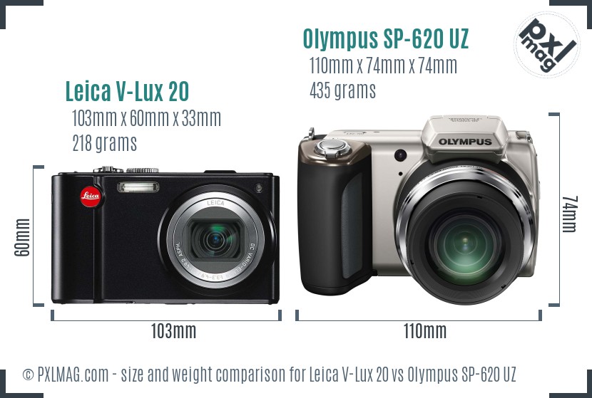 Leica V-Lux 20 vs Olympus SP-620 UZ size comparison