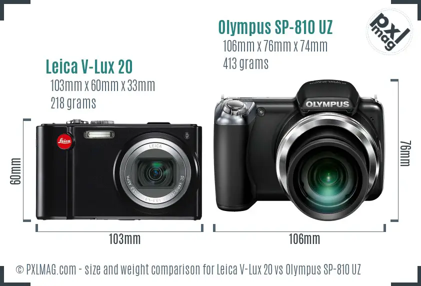 Leica V-Lux 20 vs Olympus SP-810 UZ size comparison