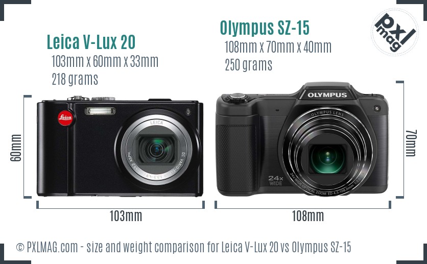 Leica V-Lux 20 vs Olympus SZ-15 size comparison Leica V-Lux 20 vs Olympus SZ-15 size comparison