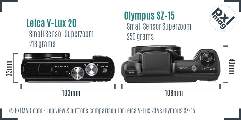 Leica V-Lux 20 vs Olympus SZ-15 top view buttons comparison