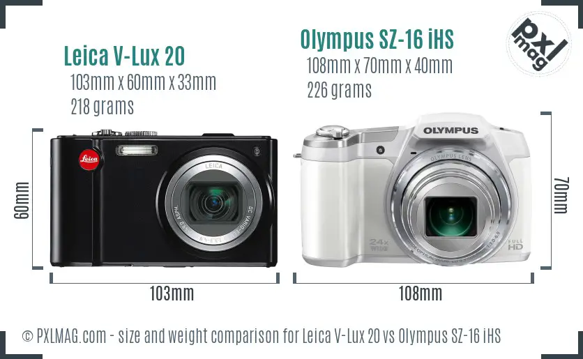 Leica V-Lux 20 vs Olympus SZ-16 iHS size comparison