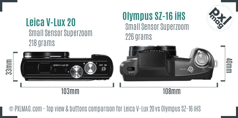 Leica V-Lux 20 vs Olympus SZ-16 iHS top view buttons comparison