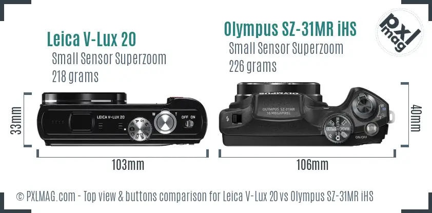 Leica V-Lux 20 vs Olympus SZ-31MR iHS top view buttons comparison Leica V-Lux 20 vs Olympus SZ-31MR iHS top view buttons comparison