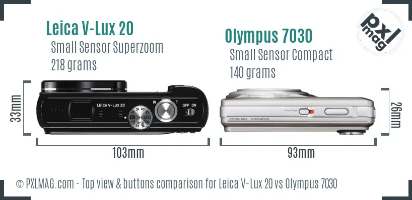 Leica V-Lux 20 vs Olympus 7030 top view buttons comparison Leica V-Lux 20 vs Olympus 7030 top view buttons comparison