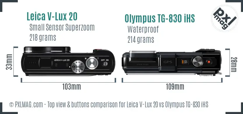 Leica V-Lux 20 vs Olympus TG-830 iHS top view buttons comparison Leica V-Lux 20 vs Olympus TG-830 iHS top view buttons comparison