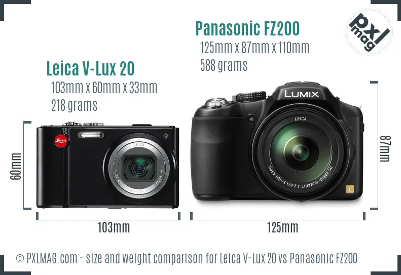 Leica V-Lux 20 vs Panasonic FZ200 size comparison