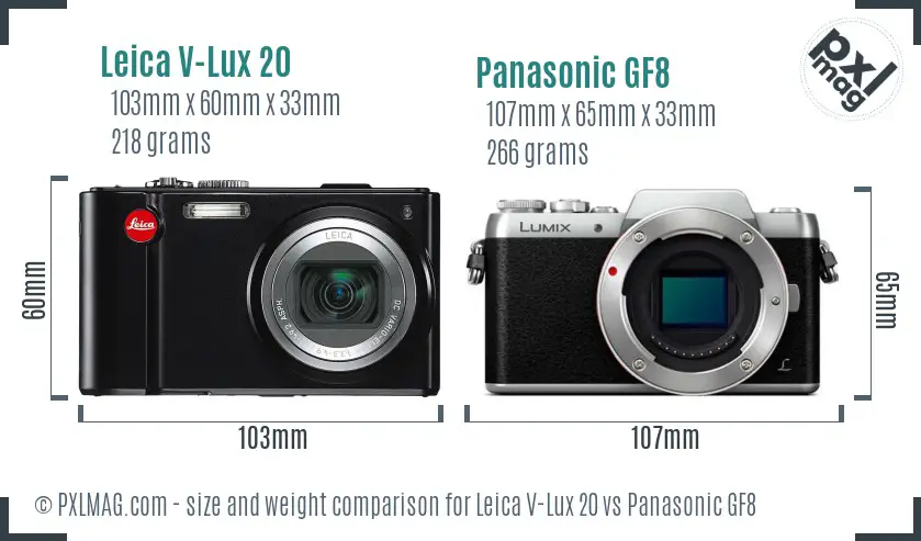 Leica V-Lux 20 vs Panasonic GF8 size comparison