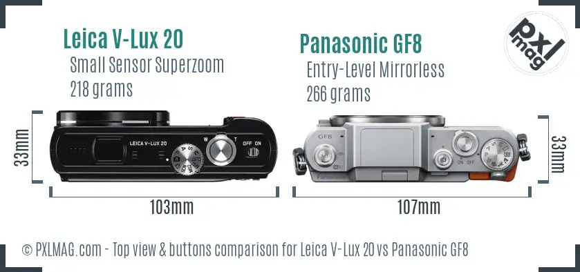 Leica V-Lux 20 vs Panasonic GF8 top view buttons comparison