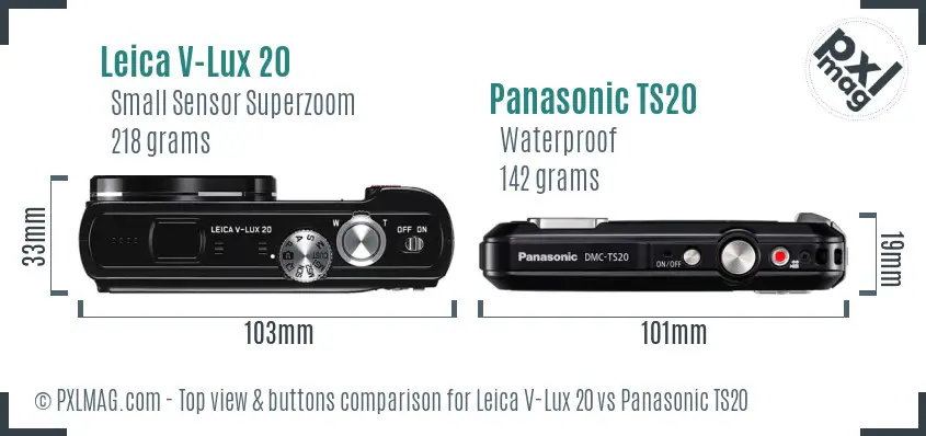 Leica V-Lux 20 vs Panasonic TS20 top view buttons comparison Leica V-Lux 20 vs Panasonic TS20 top view buttons comparison