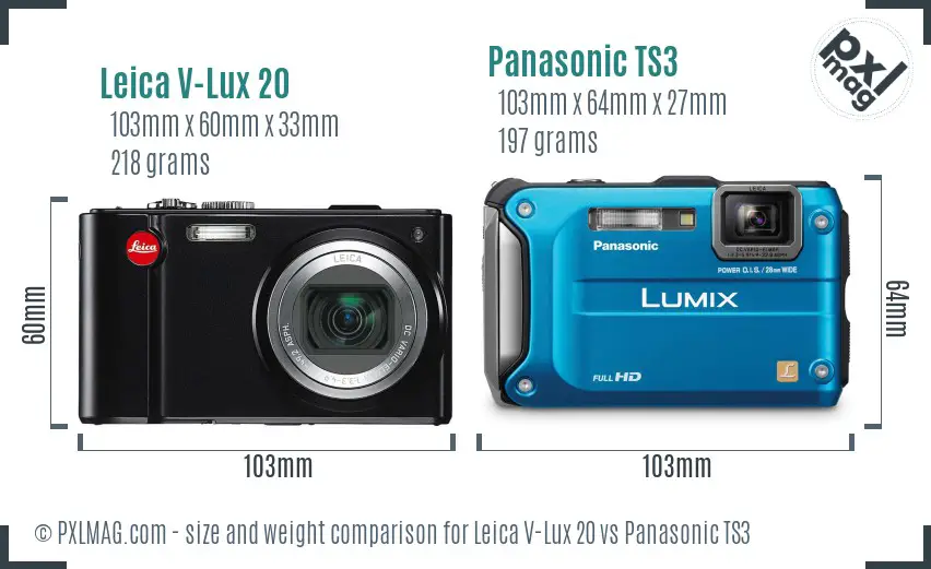 Leica V-Lux 20 vs Panasonic TS3 size comparison