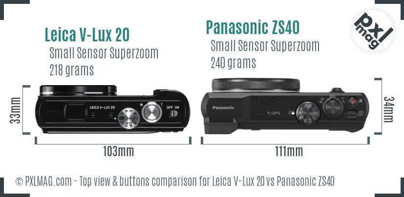 Leica V-Lux 20 vs Panasonic ZS40 top view buttons comparison Leica V-Lux 20 vs Panasonic ZS40 top view buttons comparison