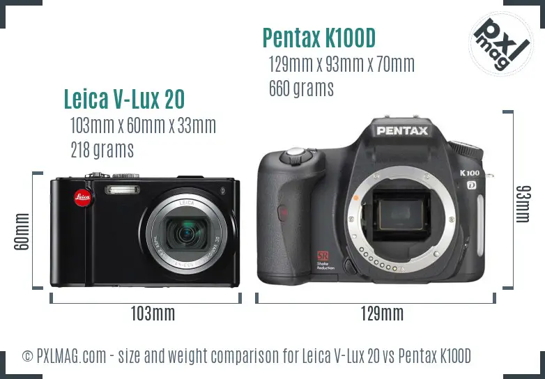 Leica V-Lux 20 vs Pentax K100D size comparison
