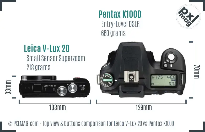 Leica V-Lux 20 vs Pentax K100D top view buttons comparison