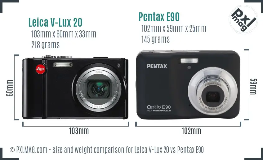 Leica V-Lux 20 vs Pentax E90 size comparison