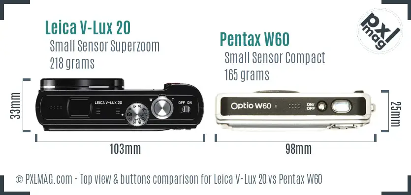 Leica V-Lux 20 vs Pentax W60 top view buttons comparison Leica V-Lux 20 vs Pentax W60 top view buttons comparison