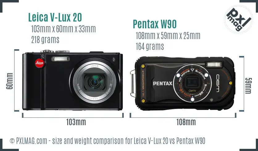 Leica V-Lux 20 vs Pentax W90 size comparison