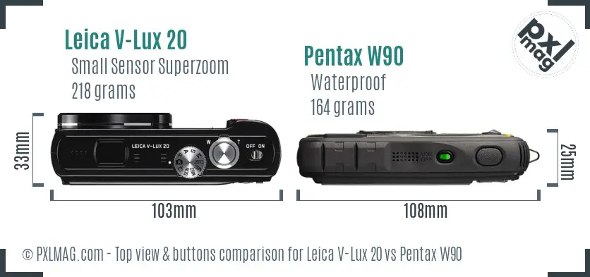 Leica V-Lux 20 vs Pentax W90 top view buttons comparison