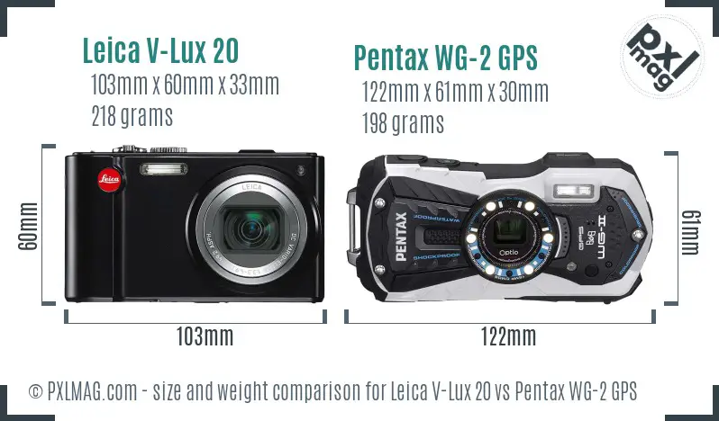 Leica V-Lux 20 vs Pentax WG-2 GPS size comparison Leica V-Lux 20 vs Pentax WG-2 GPS size comparison
