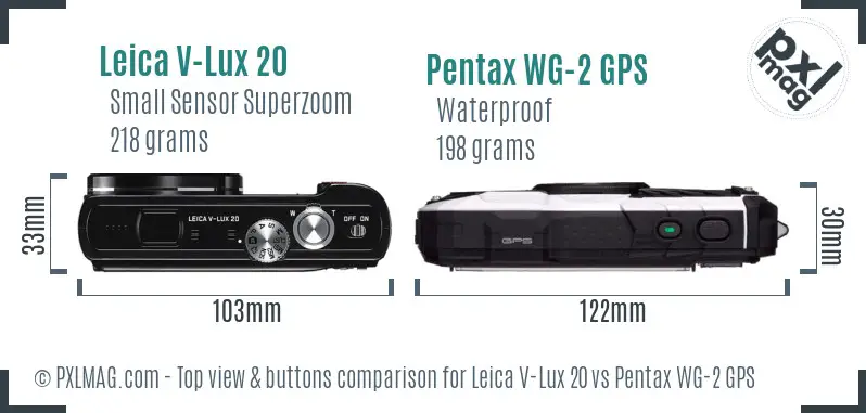 Leica V-Lux 20 vs Pentax WG-2 GPS top view buttons comparison Leica V-Lux 20 vs Pentax WG-2 GPS top view buttons comparison